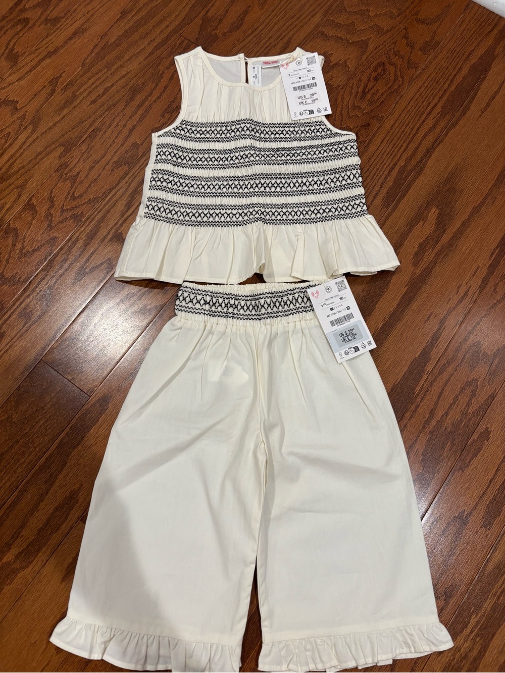 Zara Cream Smocked Ruffle Tank & Pants Set - Kids